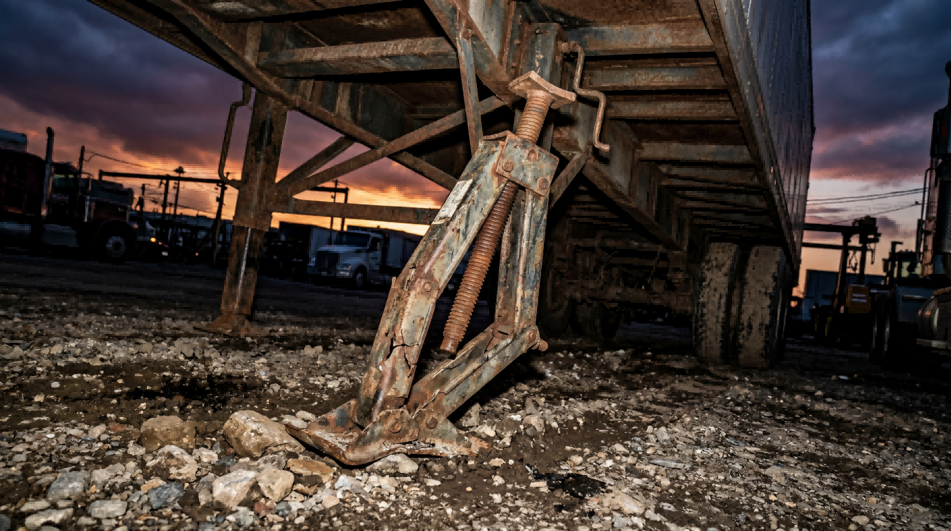Loose and unstable trailer jack supporting a trailer on rough gravel ground at dusk.